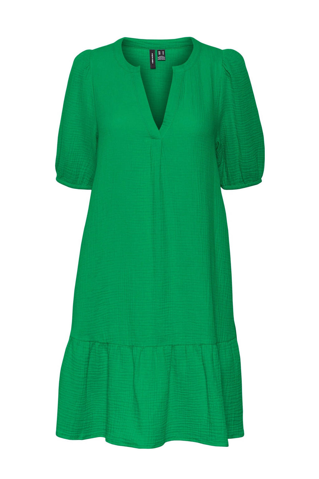 Groene dames VERO MODA A-lijn jurk van katoen met korte mouwen, V-hals en plooien