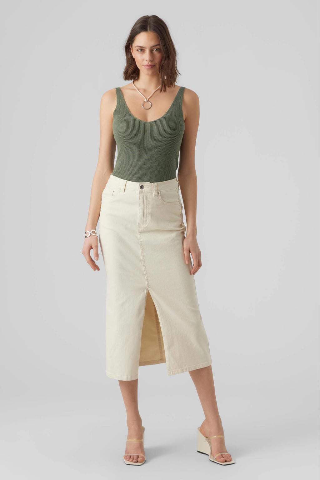 VERO MODA fijngebreide top VMNEWLEX grijsgroen