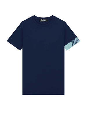 slim fit T-shirt met contrastbies navy/light blue