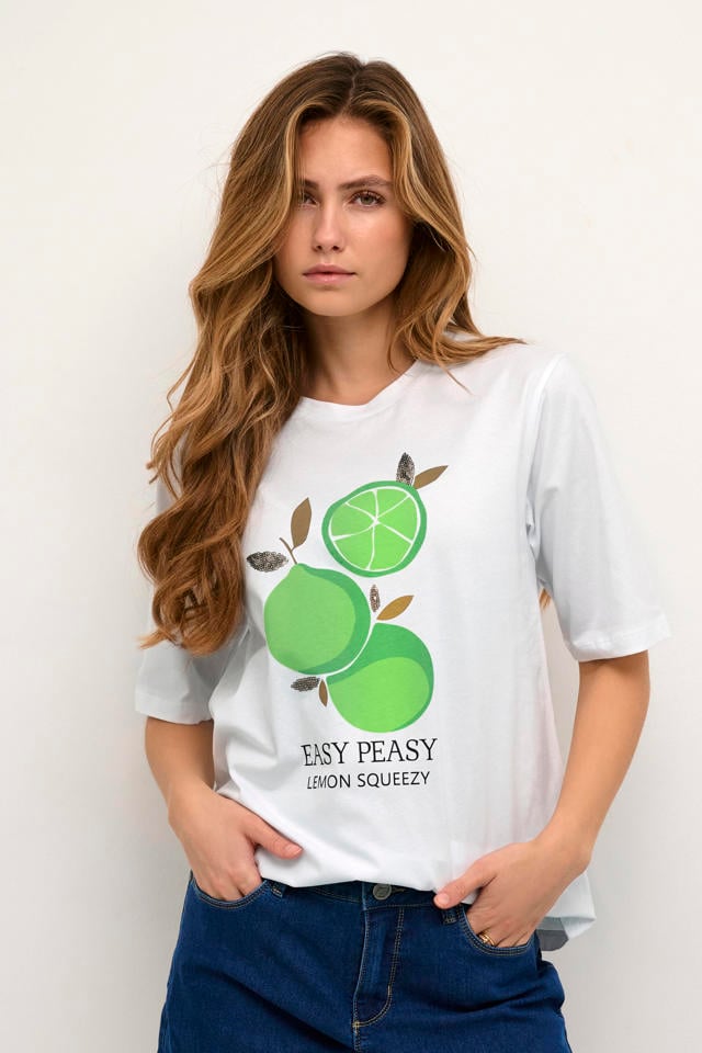 Kaffe T-shirt KAsoffi printopdruk en pailletten wit/groen | wehkamp