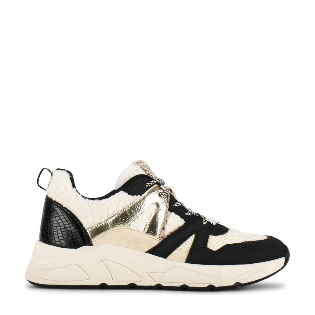 Zwart en beige dames POSH by Poelman chunky sneakers van imitatie sude met veters