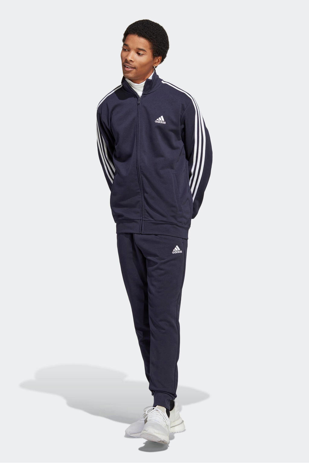 Donkerblauw en witte heren adidas Sportswear trainingspak van katoen met logo dessin, lange mouwen en opstaande kraag