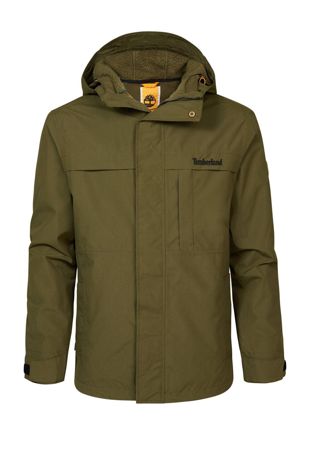 Groene heren Timberland jas van polyester met logo dessin, lange mouwen, capuchon en rits- en drukknoopsluiting