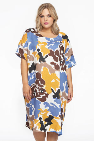 jurk met all over print ecru/geel/blauw/bruin