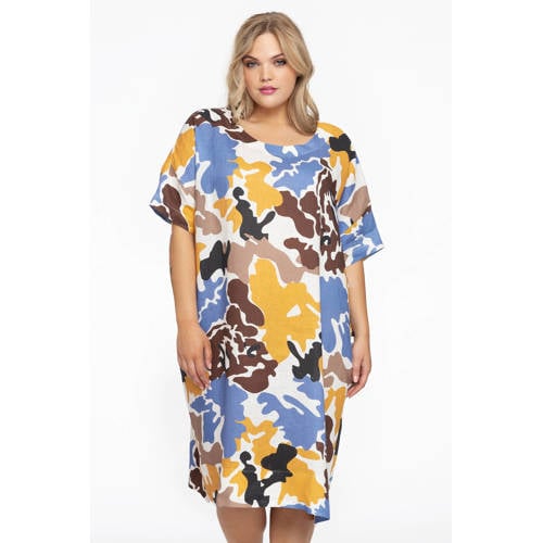 YOEK jurk met all over print ecru/geel/blauw/bruin afbeelding