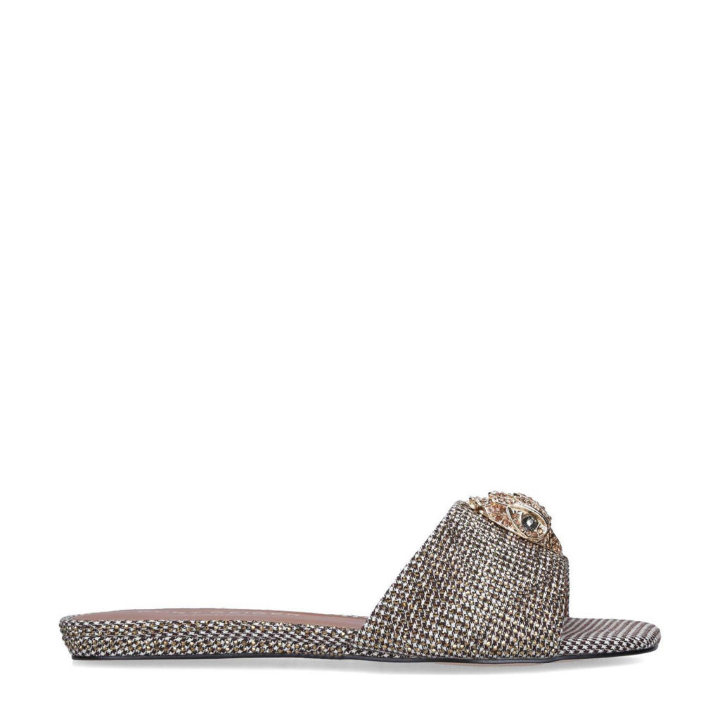 Beige dames Kurt Geiger Kensington slippers met gesp van textiel met pied de poule print
