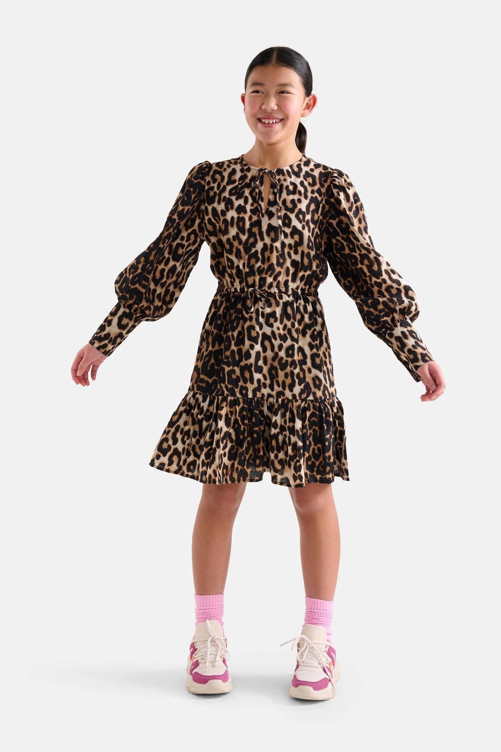 Shoeby A-lijn jurk met panterprint en volant bruin/zwart wehkamp