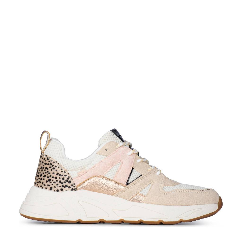 Beige en witte dames POSH by Poelman Carocel chunky sneakers van imitatie sude met veters