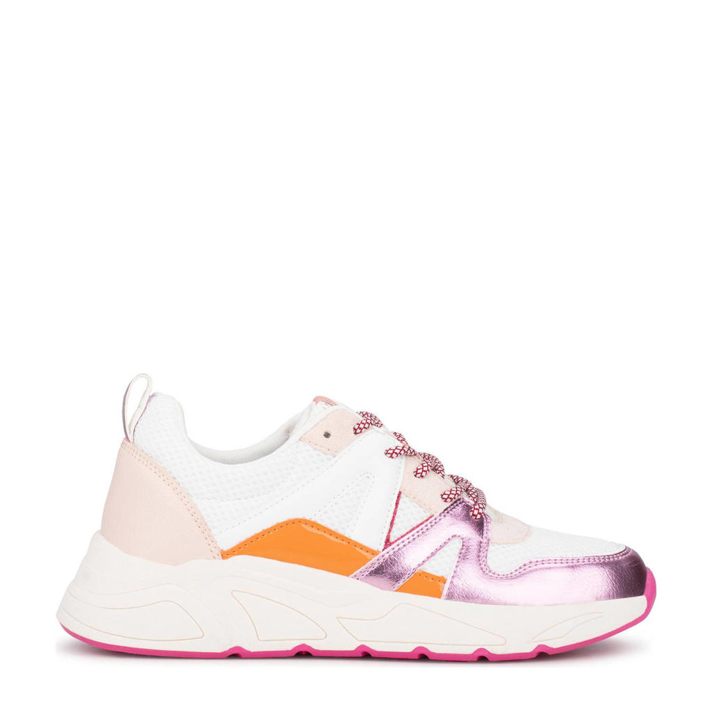 Wit, roze en metallickleurige dames POSH by Poelman Carocel chunky sneakers van synthetisch materiaal met veters