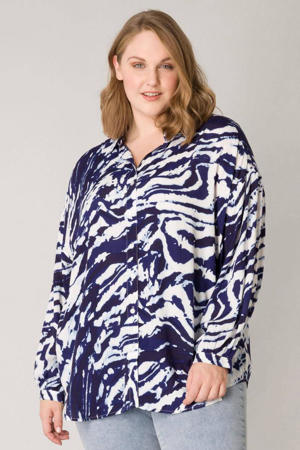 blouse met batik print donkerblauw/wit