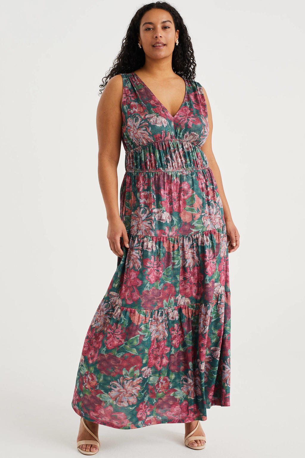 Groen en roze dames WE Fashion Curve gebloemde maxi jurk rug van polyester met V-hals en knoopsluiting