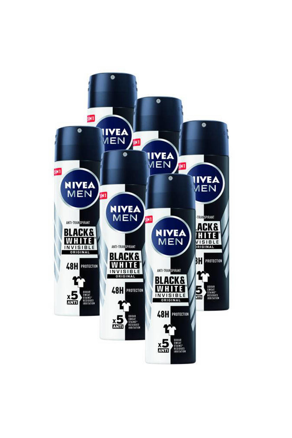 NIVEA FOR MEN Invisible for Black & White Power deodorant - 6 x 150 ml - voordeelverpakking