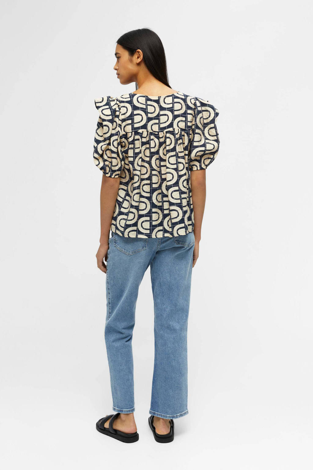 Kiwi Kelder betrouwbaarheid OBJECT blouse OBJADA met all over print en ruches donkerblauw/ecru | wehkamp