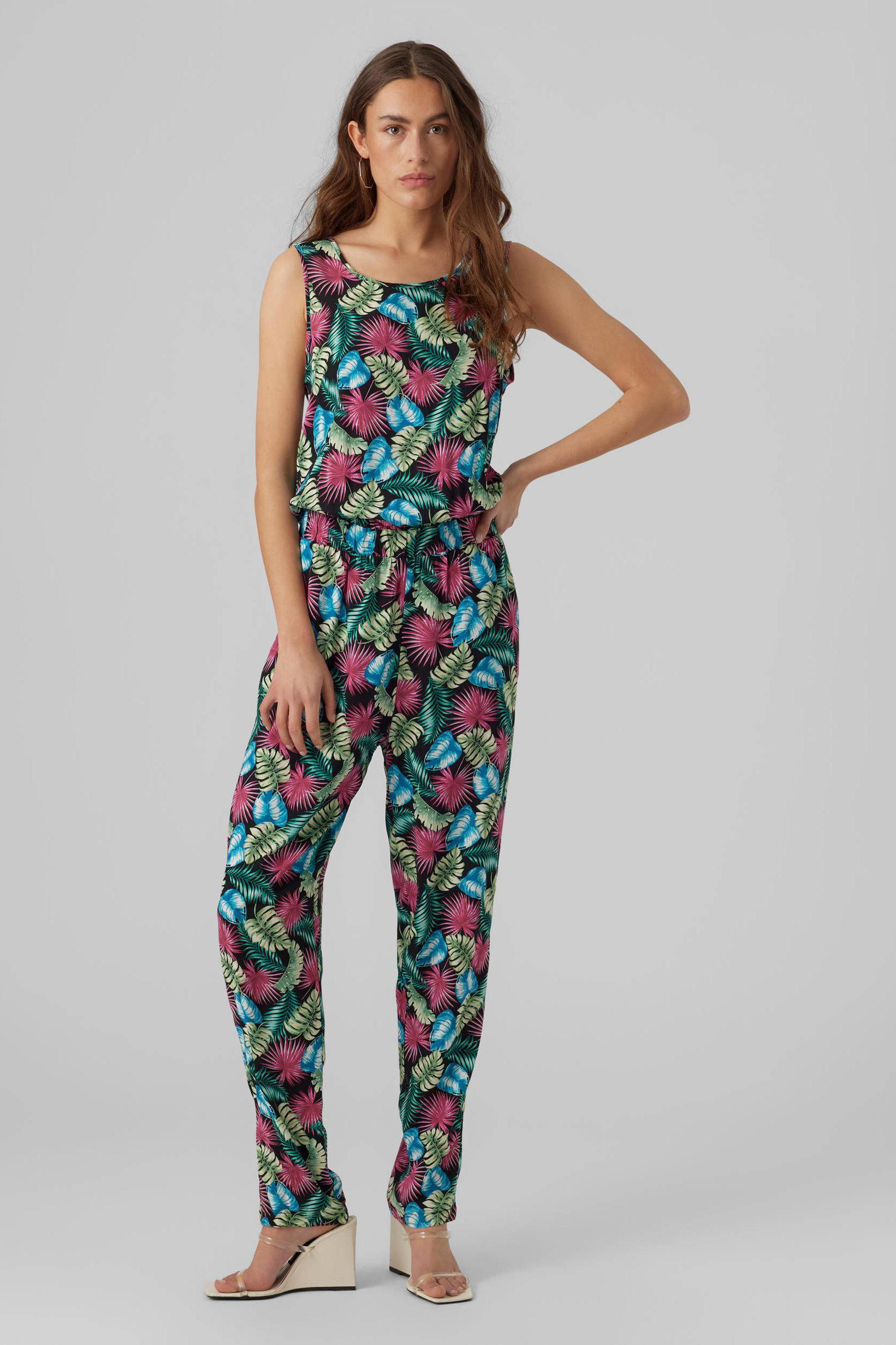 VERO MODA jumpsuit VMEASY met bladprint zwart/roze/groen wehkamp