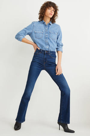 high waist bootcut jeans dark blue denim