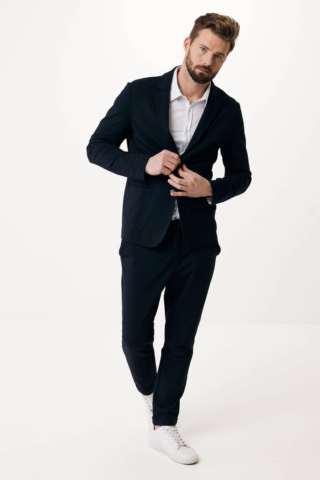 Donkerblauwe heren Mexx regular fit colbert van viscose met reverskraag en knoopsluiting