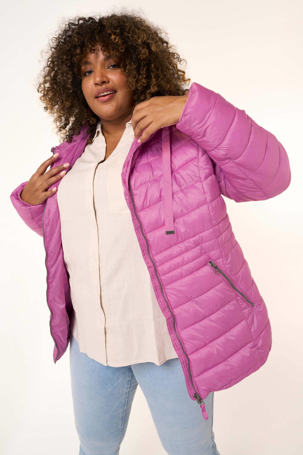 Roze dames MS Mode gewatteerde jas van nylon met lange mouwen, capuchon en ritssluiting