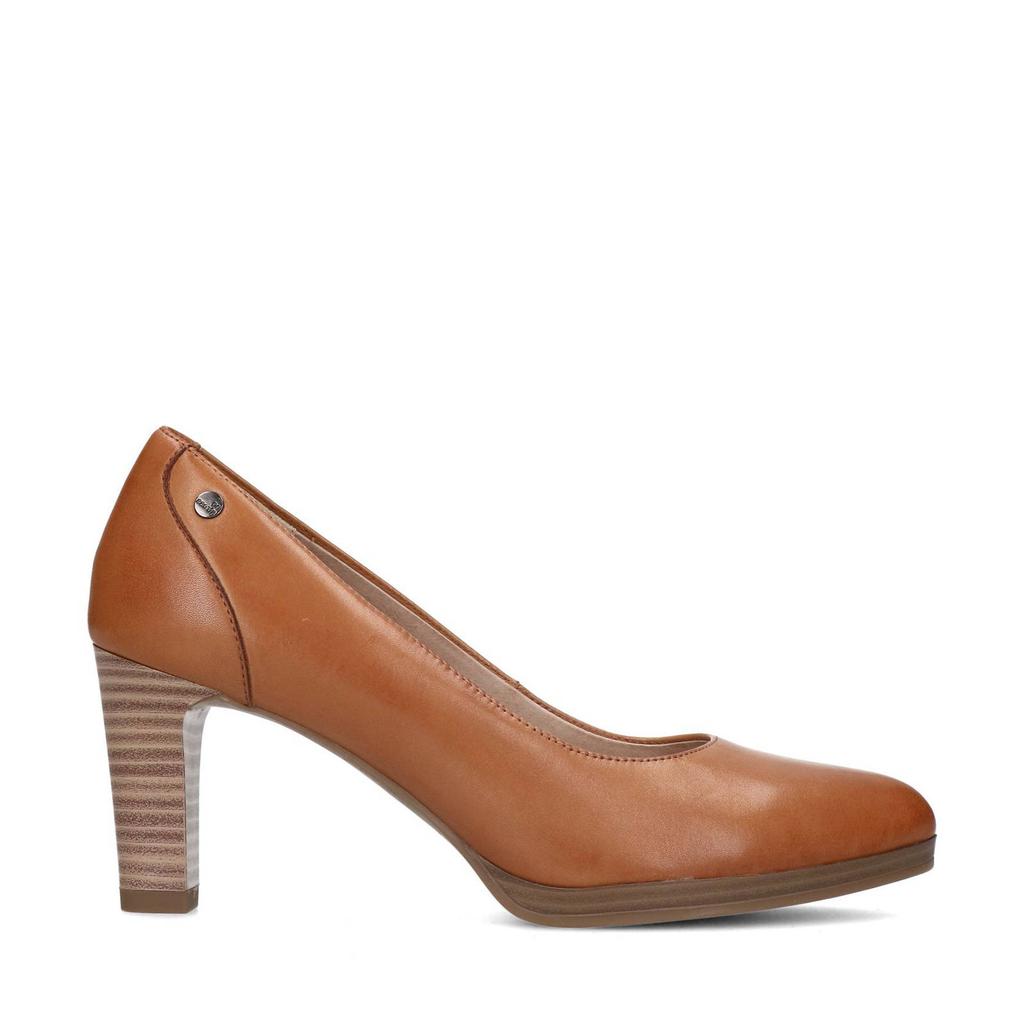 Cognackleurige dames No Stress leren pumps met hak(je) en effen