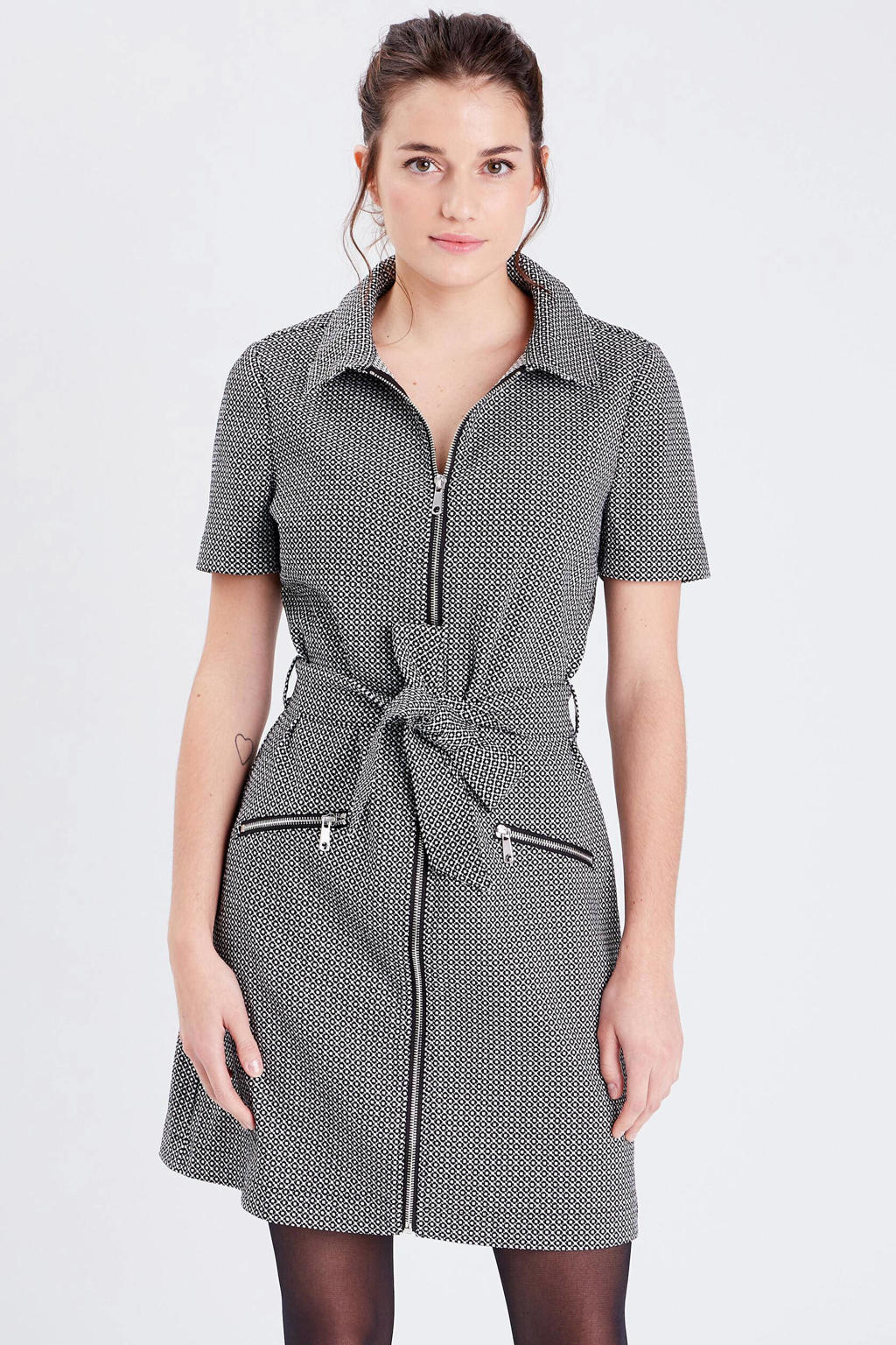 Zwart en witte dames Cache Cache jurk van polyester met korte mouwen, klassieke kraag en ritssluiting