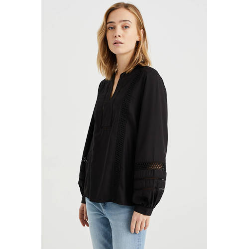 WE Fashion top met open detail met broderie zwart