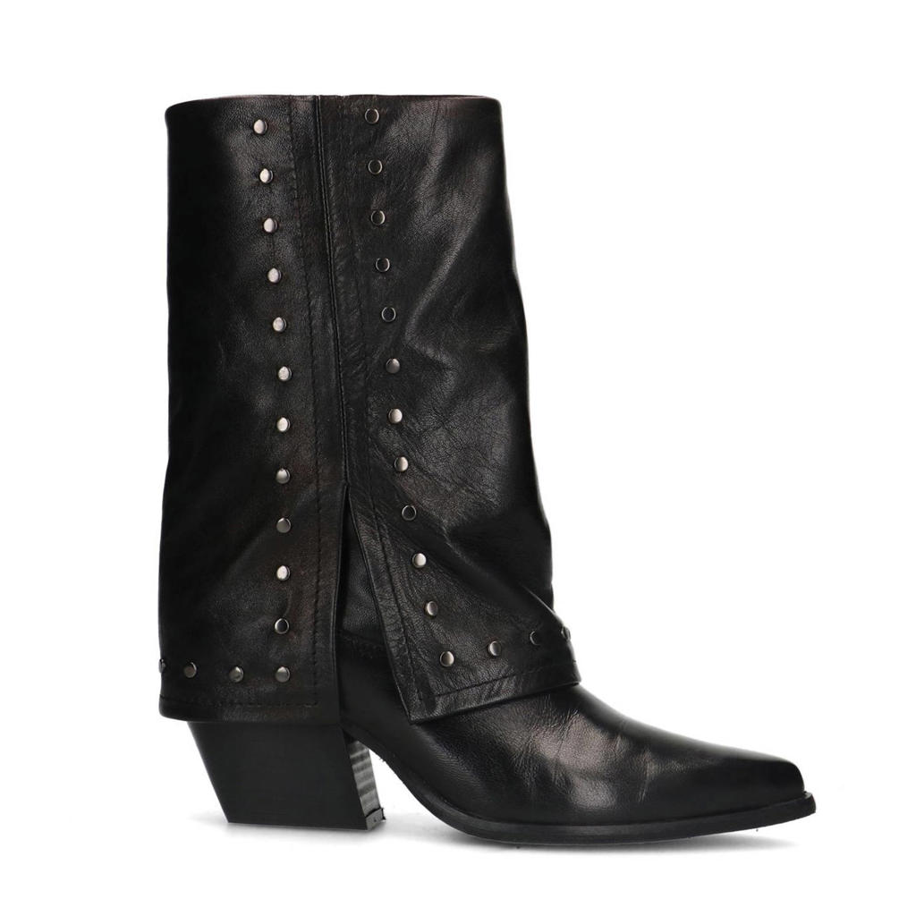 Zwarte dames Sacha leren cowboylaarzen met flap en studs