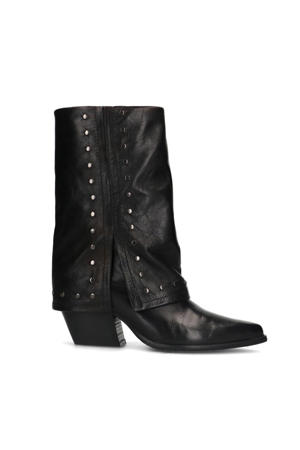 leren cowboylaarzen met flap en studs zwart