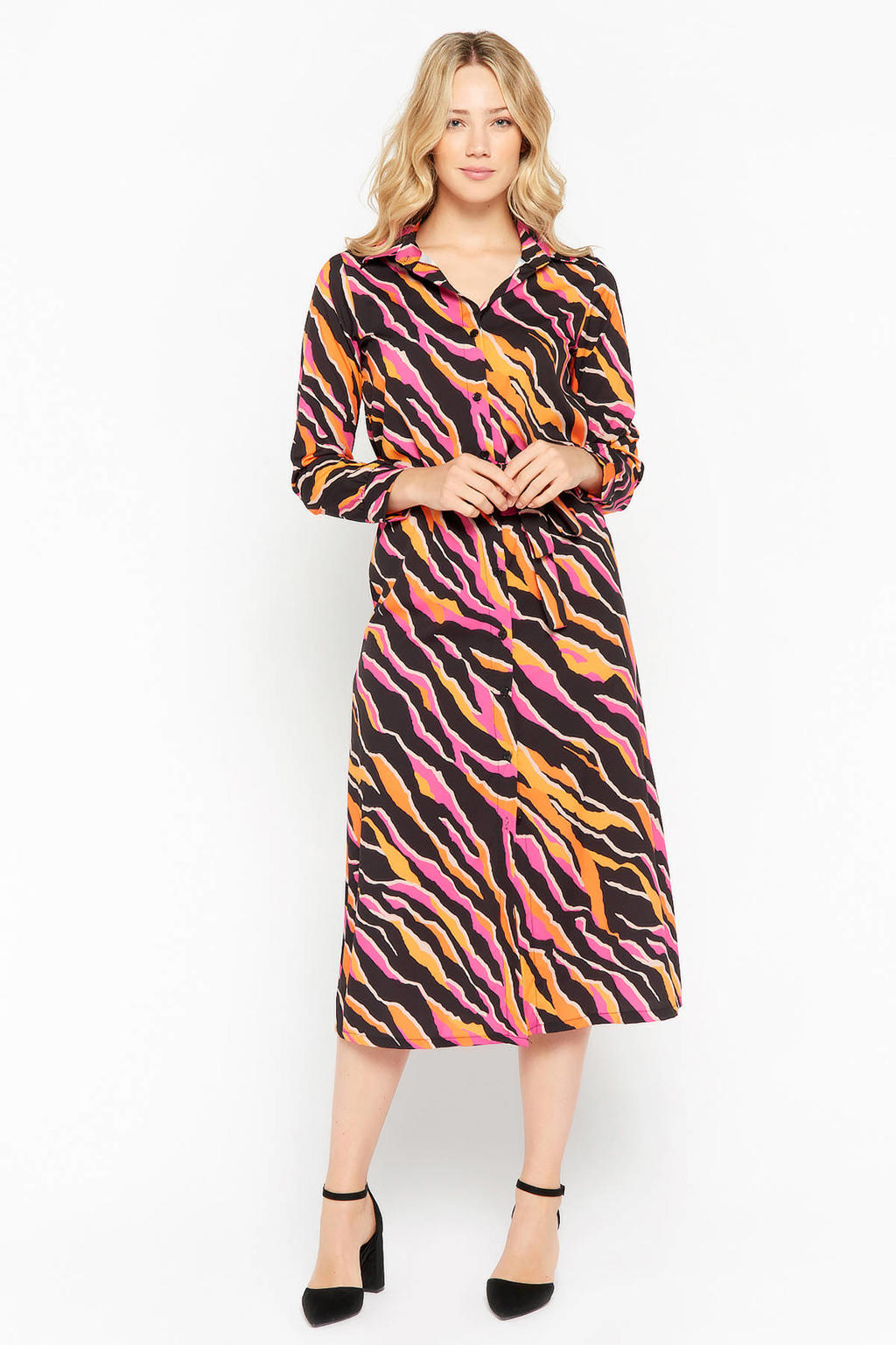 Stijlvolle roze blousejurk met omslagkraag