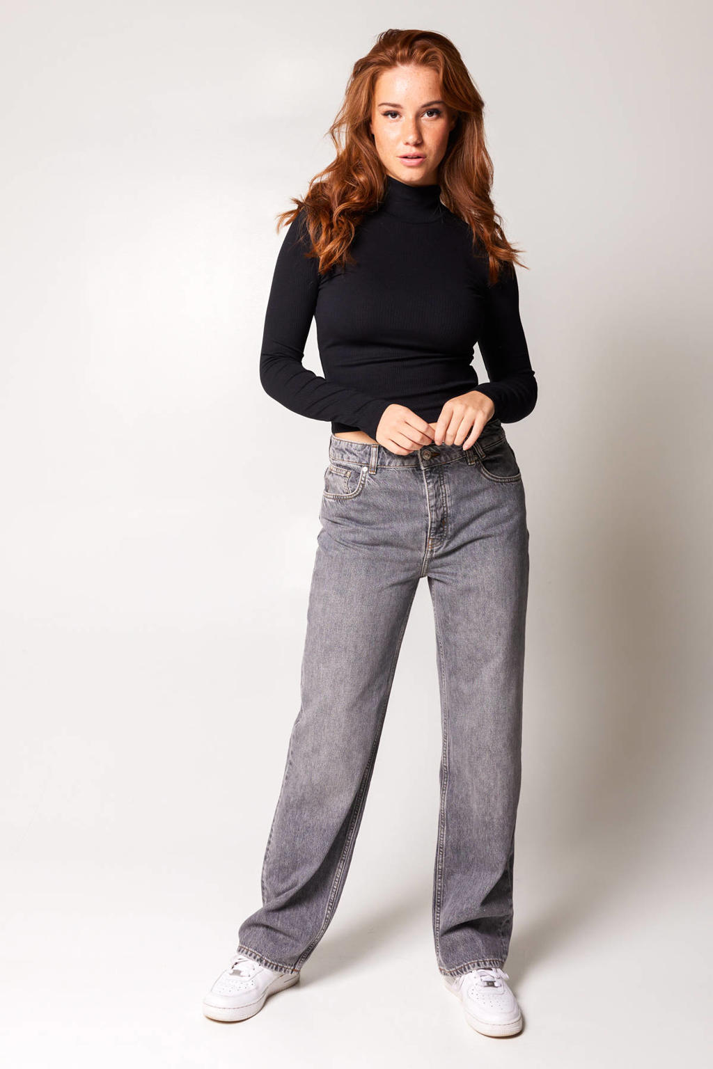 Grey denim dames America Today straight fit jeans Jagger van denim met regular waist en rits- en knoopsluiting