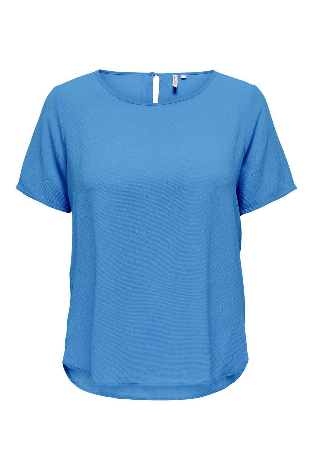 Blauwe dames ONLY CARMAKOMA geweven top met korte mouwen, ronde hals en knoopsluiting