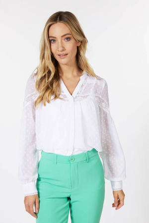 semi-transparante blouse met stippen en kant wit