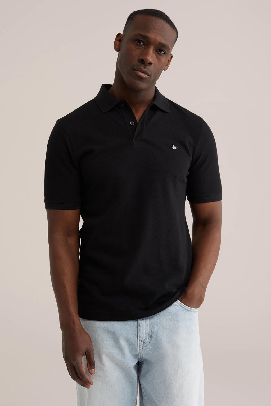 Zwarte heren WE Fashion slim fit polo van katoen met logo dessin, korte mouwen en textuur