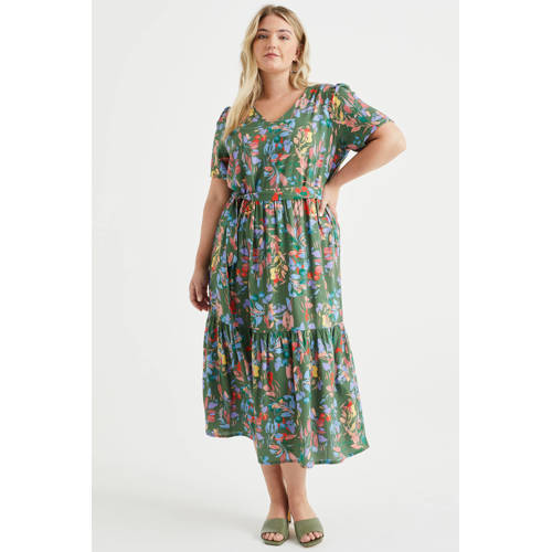 WE Fashion Curve gebloemde jurk groen paars geel