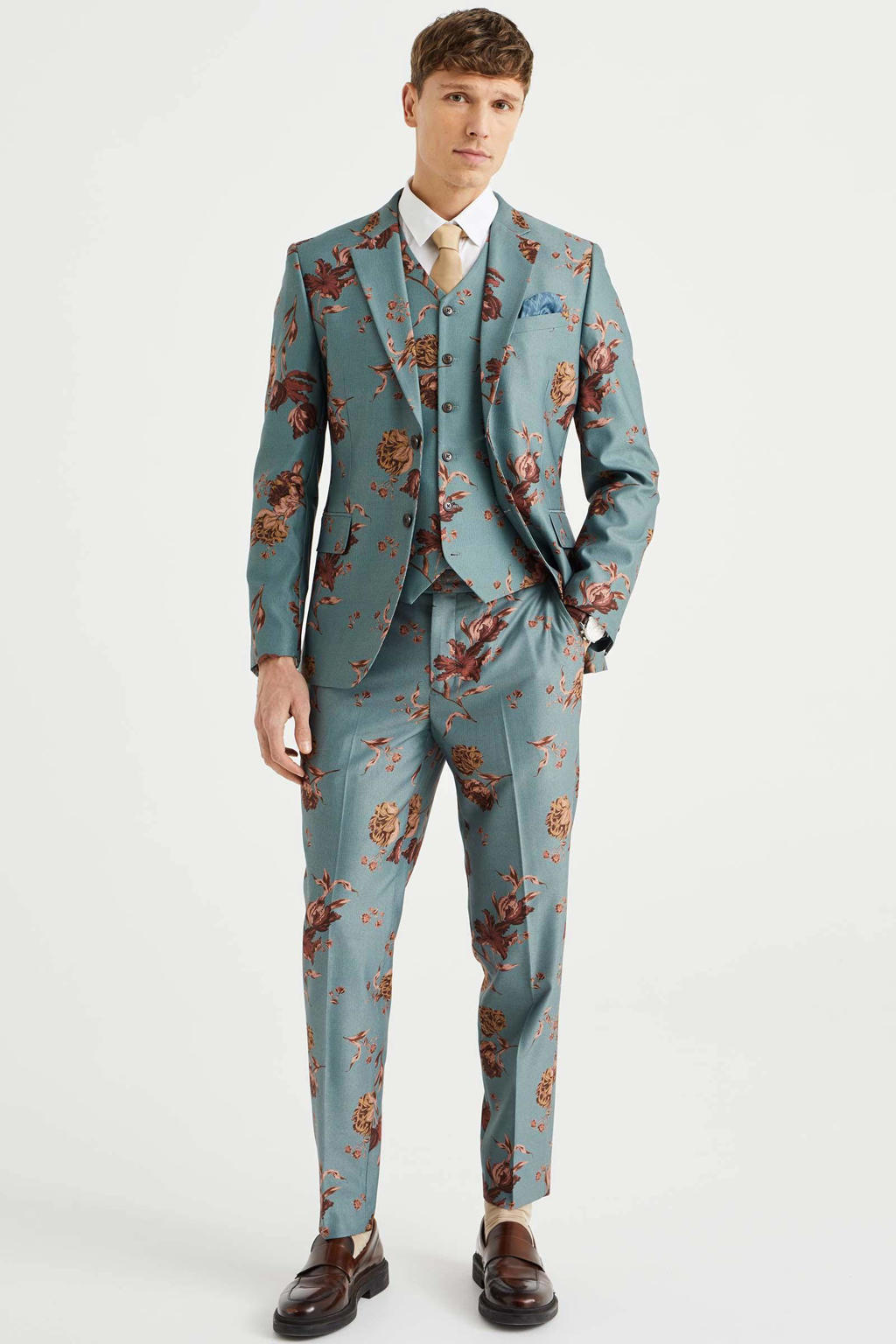 Blauwe heren WE Fashion slim fit colbert van polyester met all over print en reverskraag