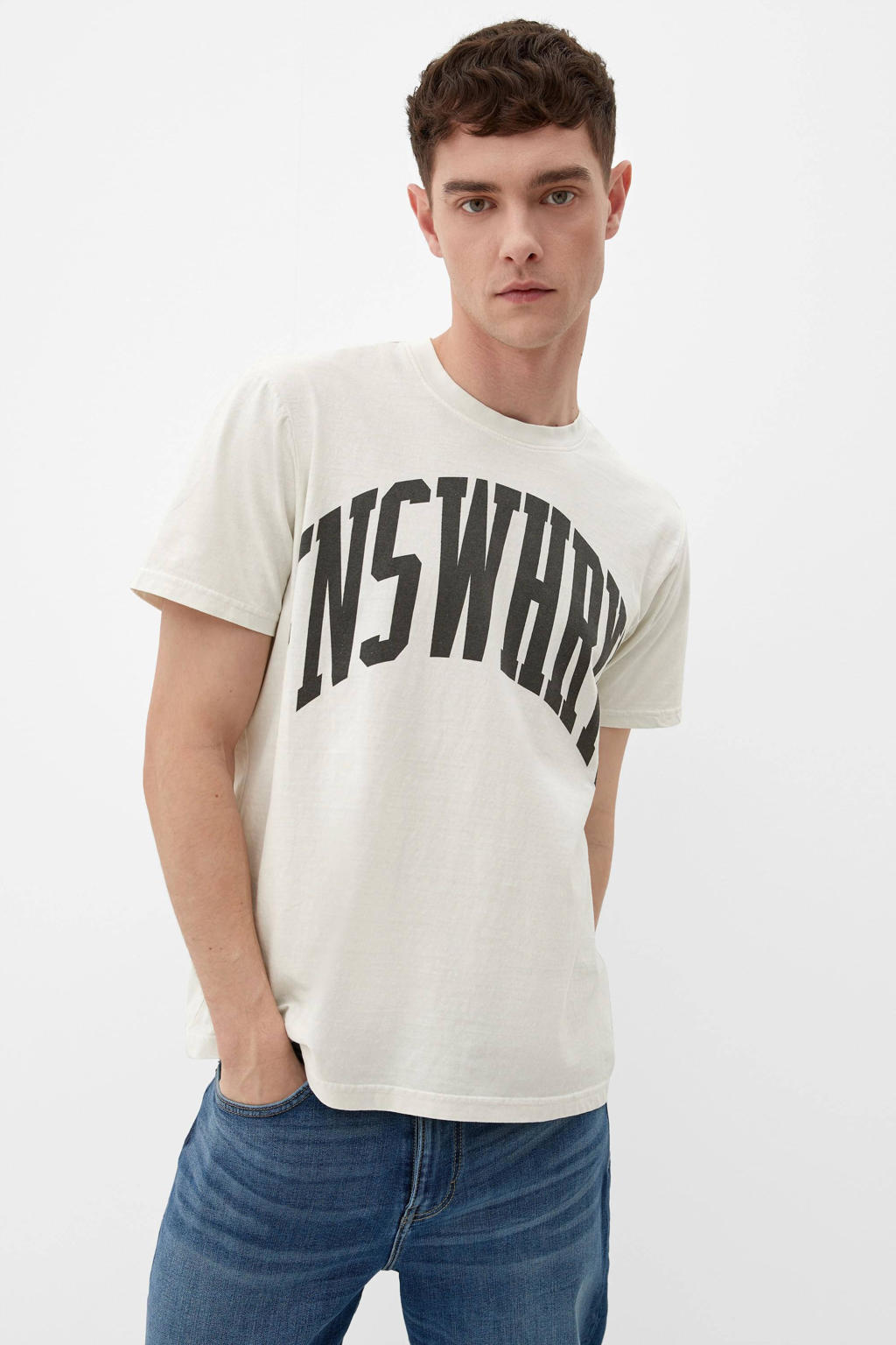 Witte heren Q S by s.Oliver T-shirt van katoen met printopdruk, korte mouwen en ronde hals
