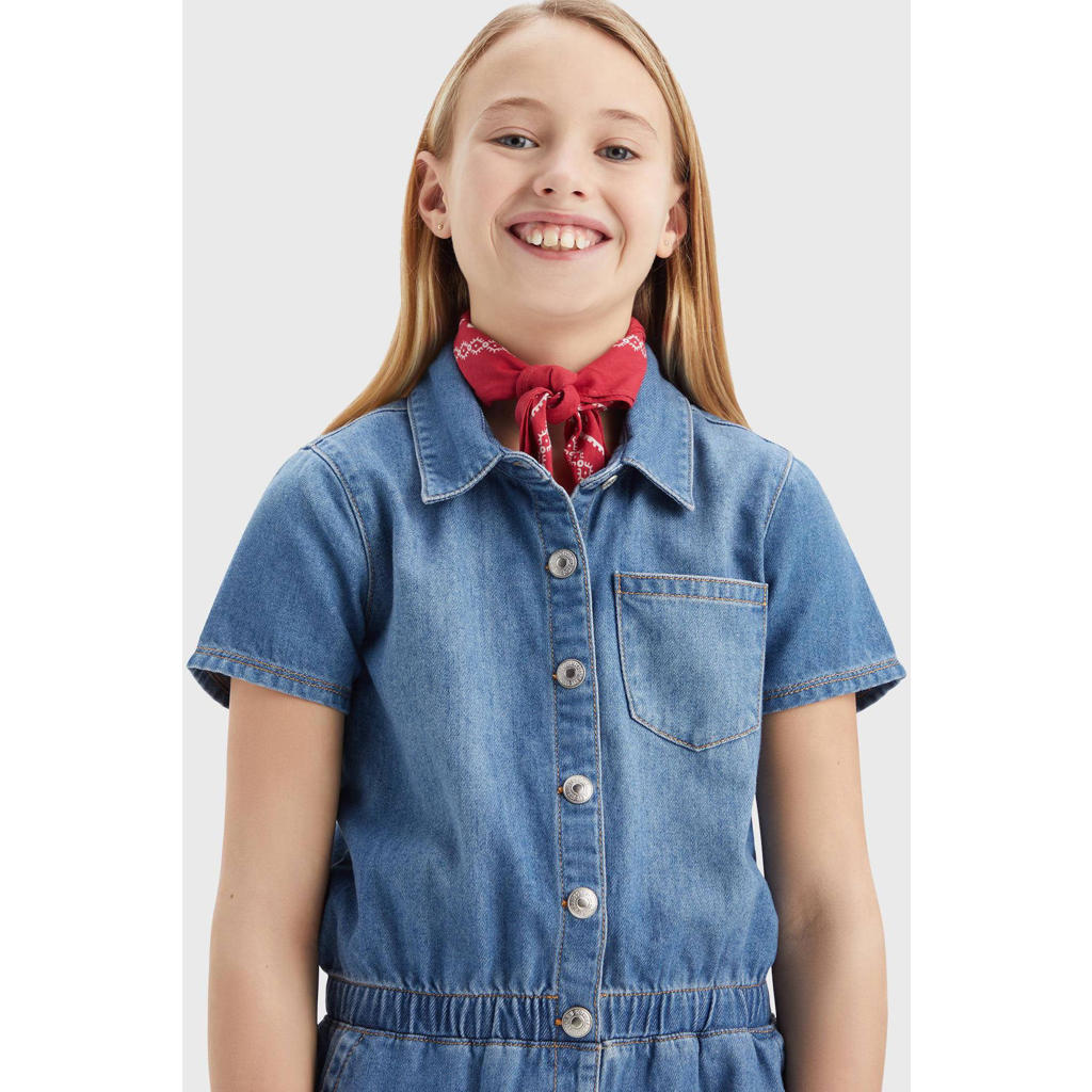 Stonewashed meisjes Levi's Kids jumpsuit van denim met korte mouwen, klassieke kraag en knoopsluiting