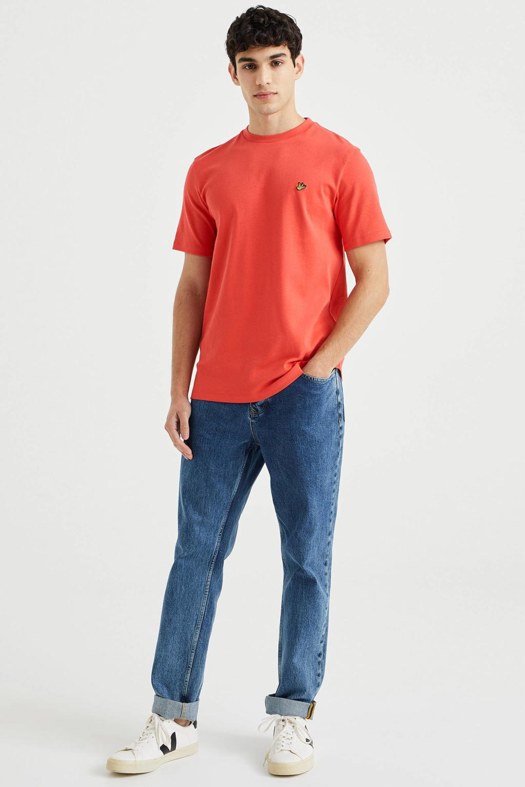 Roze heren WE Fashion slim fit T-shirt van katoen met korte mouwen en ronde hals