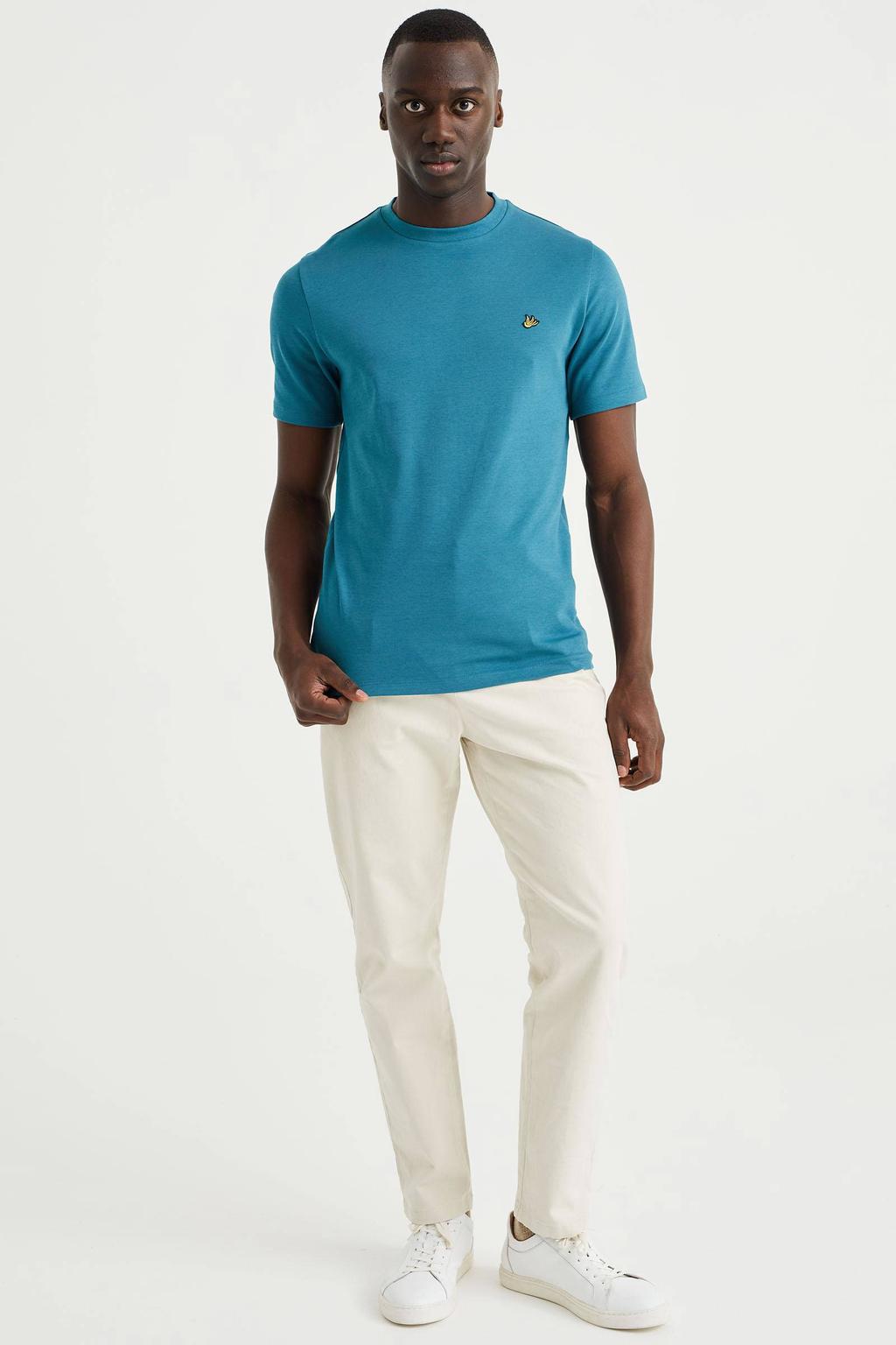 Blauwe heren WE Fashion slim fit T-shirt van katoen met korte mouwen en ronde hals
