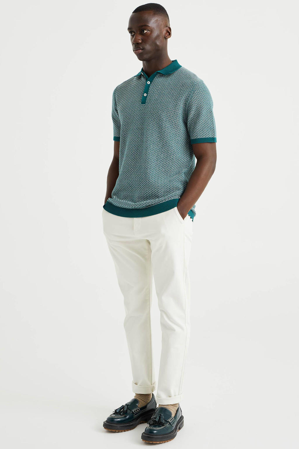 Turquoise heren WE Fashion polo van katoen met ingebreid patroon, korte mouwen, klassieke kraag en knoopsluiting
