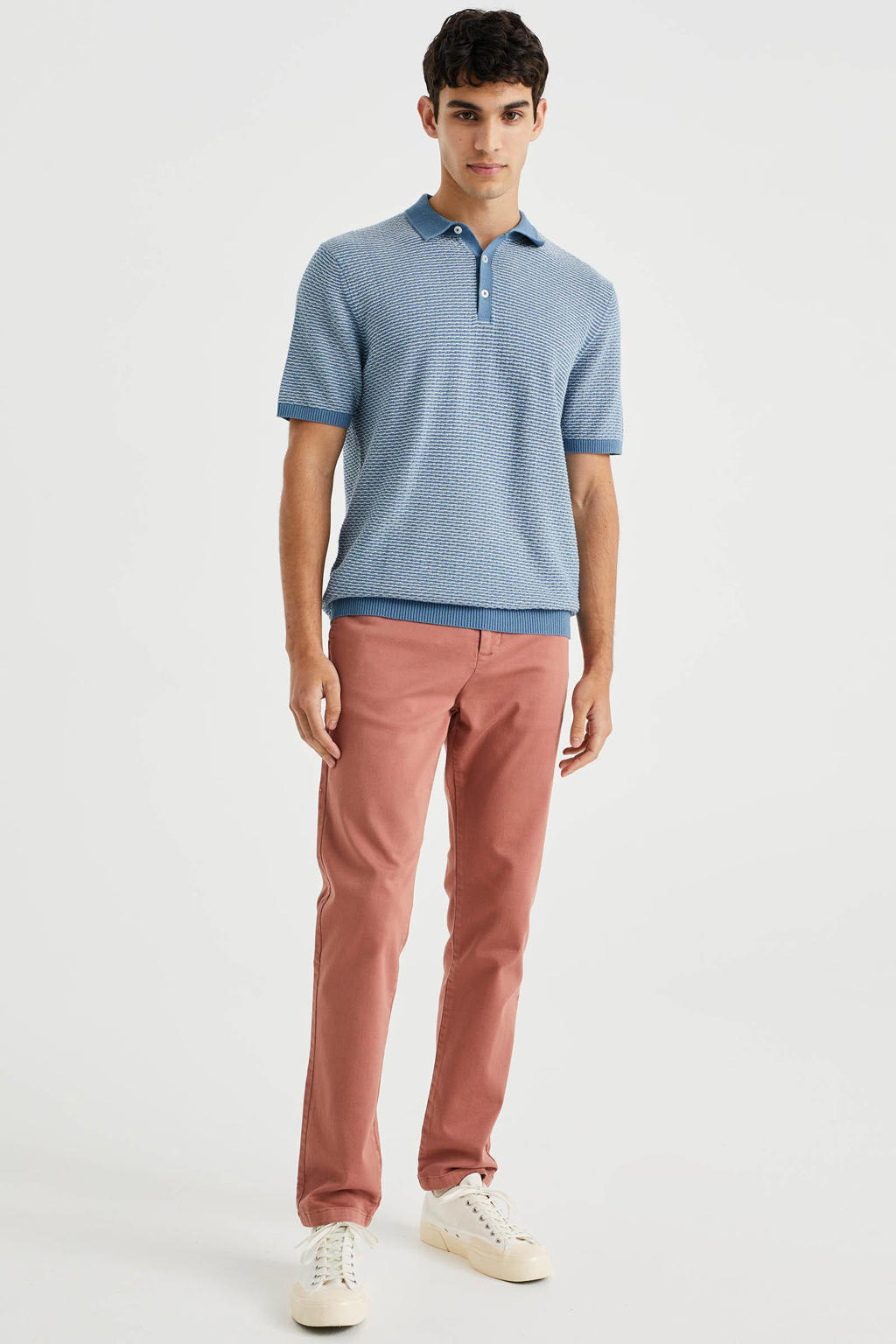 Blauwe heren WE Fashion polo van katoen met ingebreid patroon, korte mouwen, klassieke kraag en knoopsluiting