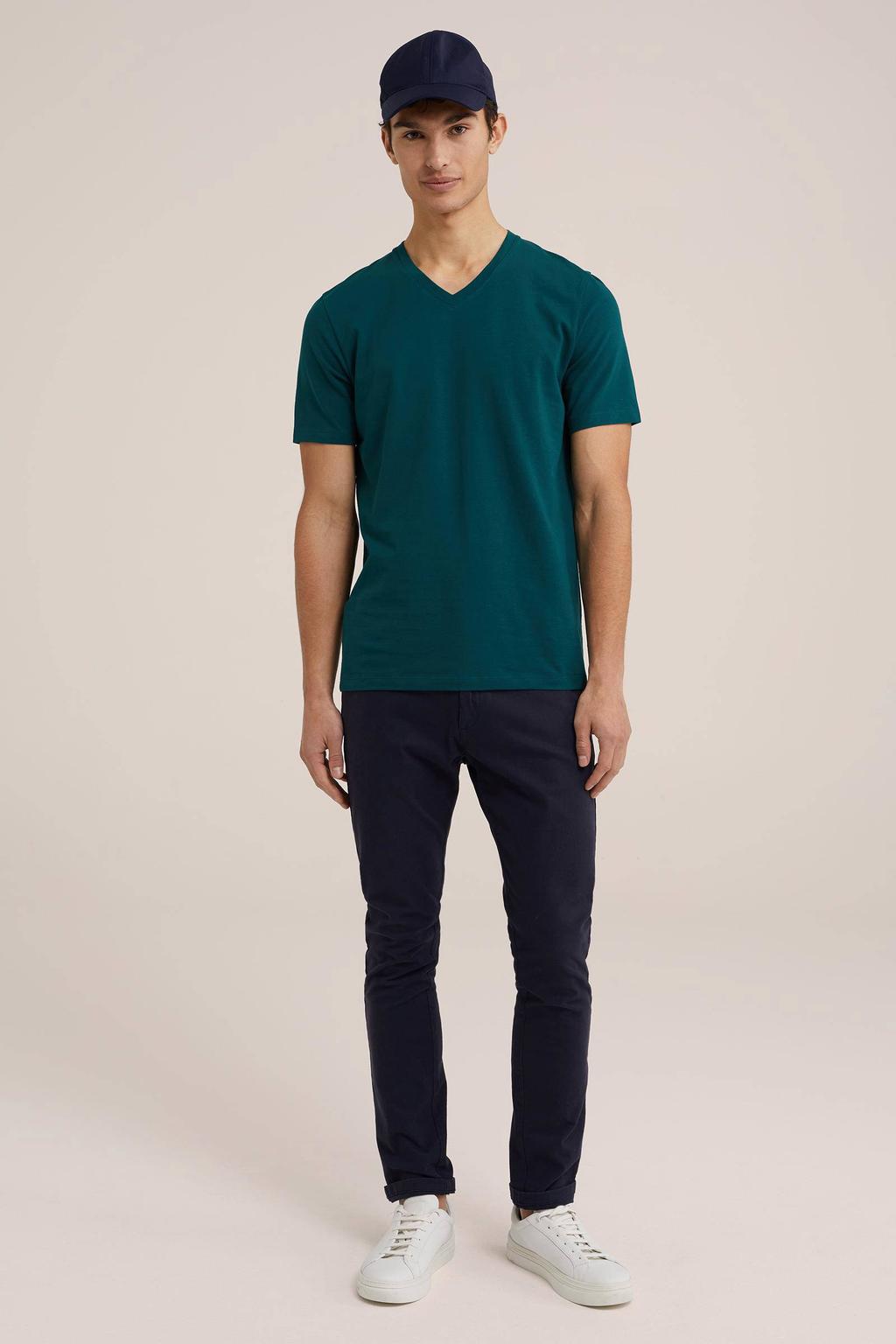 Groene heren WE Fashion T-shirt van stretchkatoen met effen, korte mouwen en V-hals