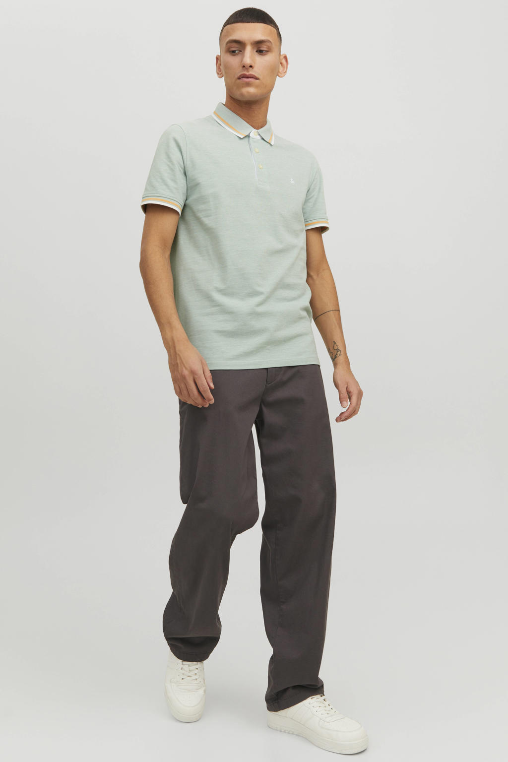 JACK & JONES ESSENTIALS gemêleerde slim fit polo JJEPAULOS van katoen granite green