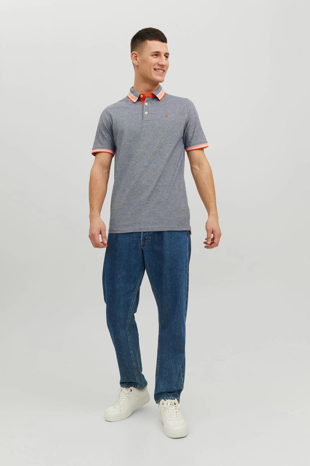JACK & JONES ESSENTIALS gemeleerde slim fit polo JJEPAULOS van katoen navy blazer/oranje