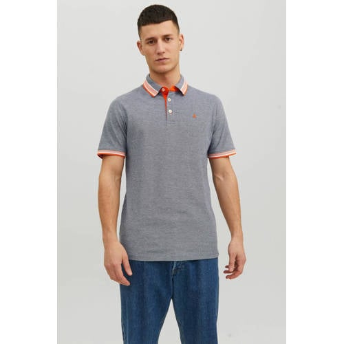 JACK & JONES ESSENTIALS gemeleerde slim fit polo JJEPAULOS van katoen navy blazer/oranje afbeelding