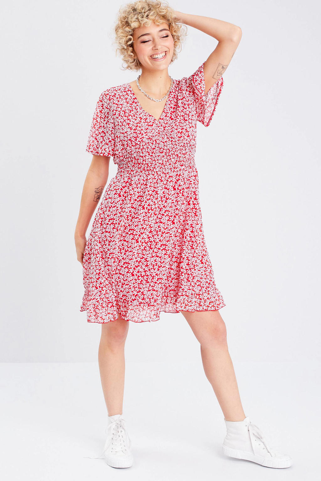 Rood en witte dames Cache Cache gebloemde jurk van polyester met korte mouwen en V-hals