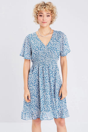 gebloemde jurk blauw/ wit