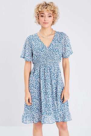 gebloemde jurk blauw/ wit