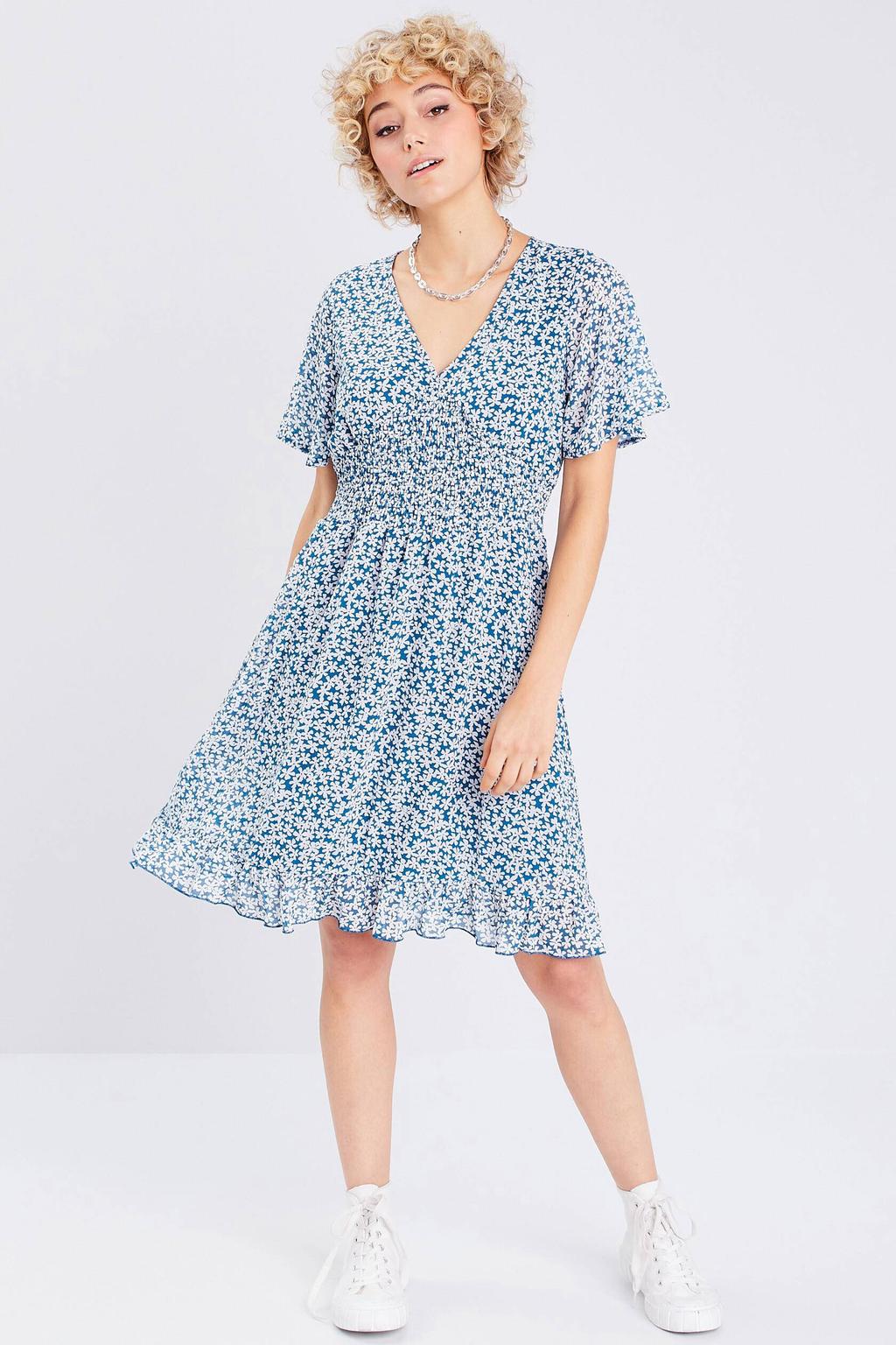 Blauw en witte dames Cache Cache gebloemde jurk van polyester met korte mouwen en V-hals