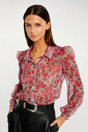 gebloemde semi-transparante blouse rood/roze/ecru