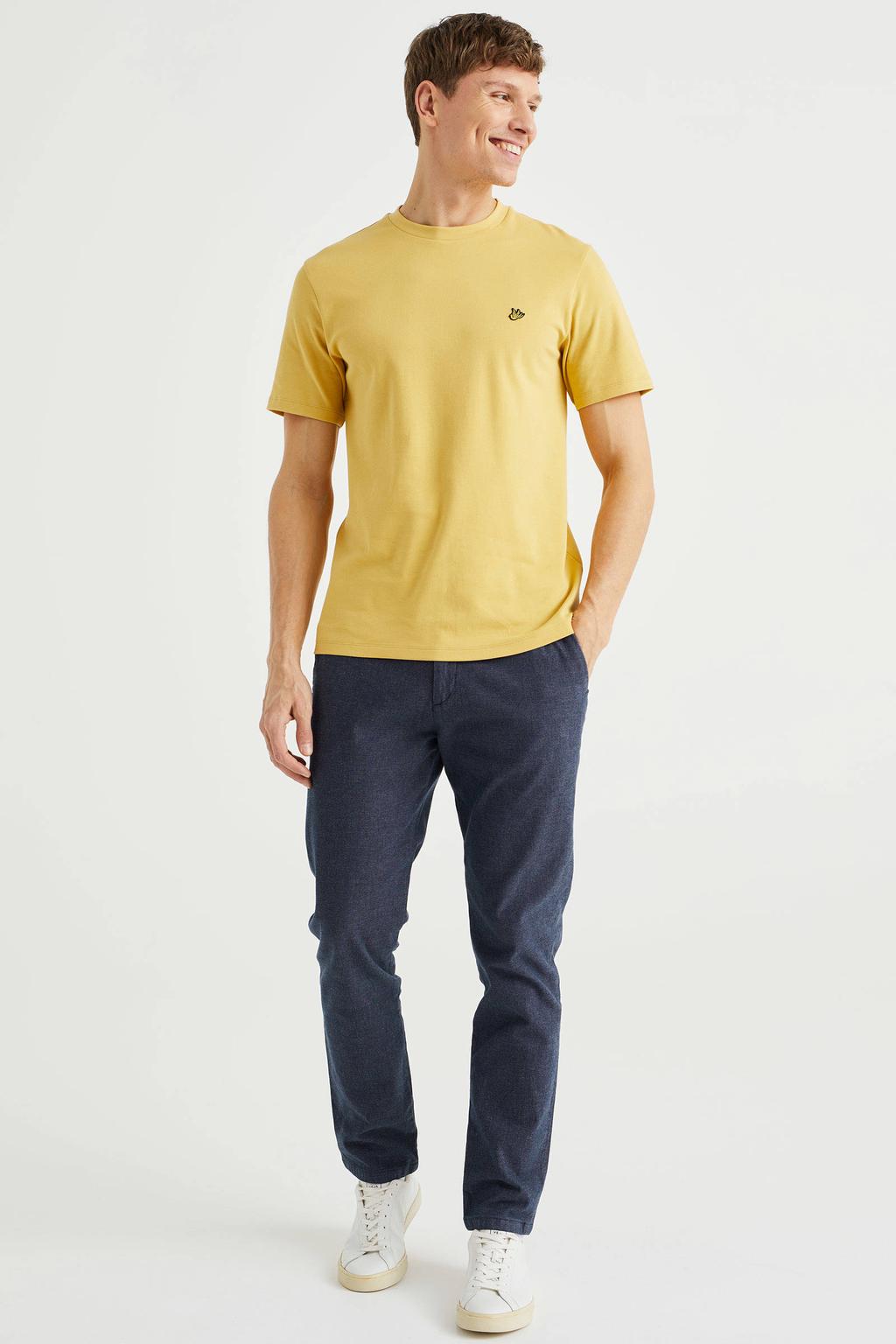 Gele heren WE Fashion slim fit T-shirt van katoen met korte mouwen en ronde hals