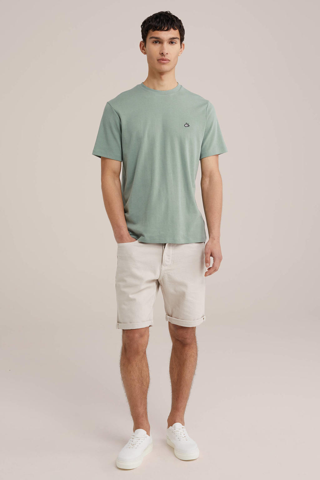 Groene heren WE Fashion slim fit T-shirt waterfall van katoen met effen, korte mouwen en ronde hals